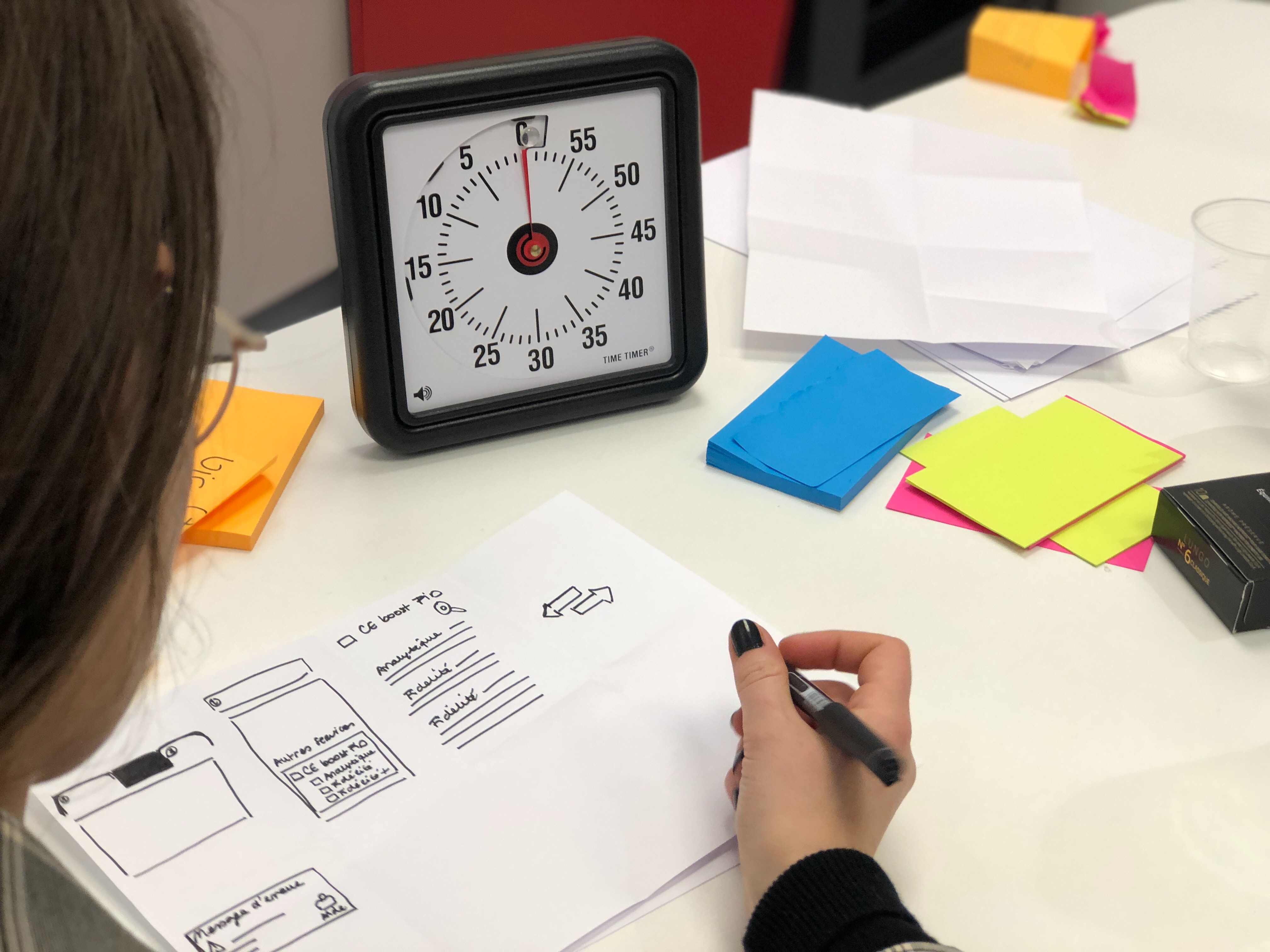 woman working on a design sprint on a piece of paper