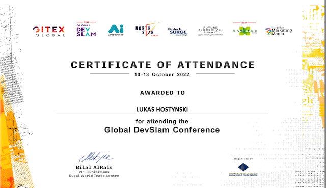 certificate of attendance Global-DevSlam Conference