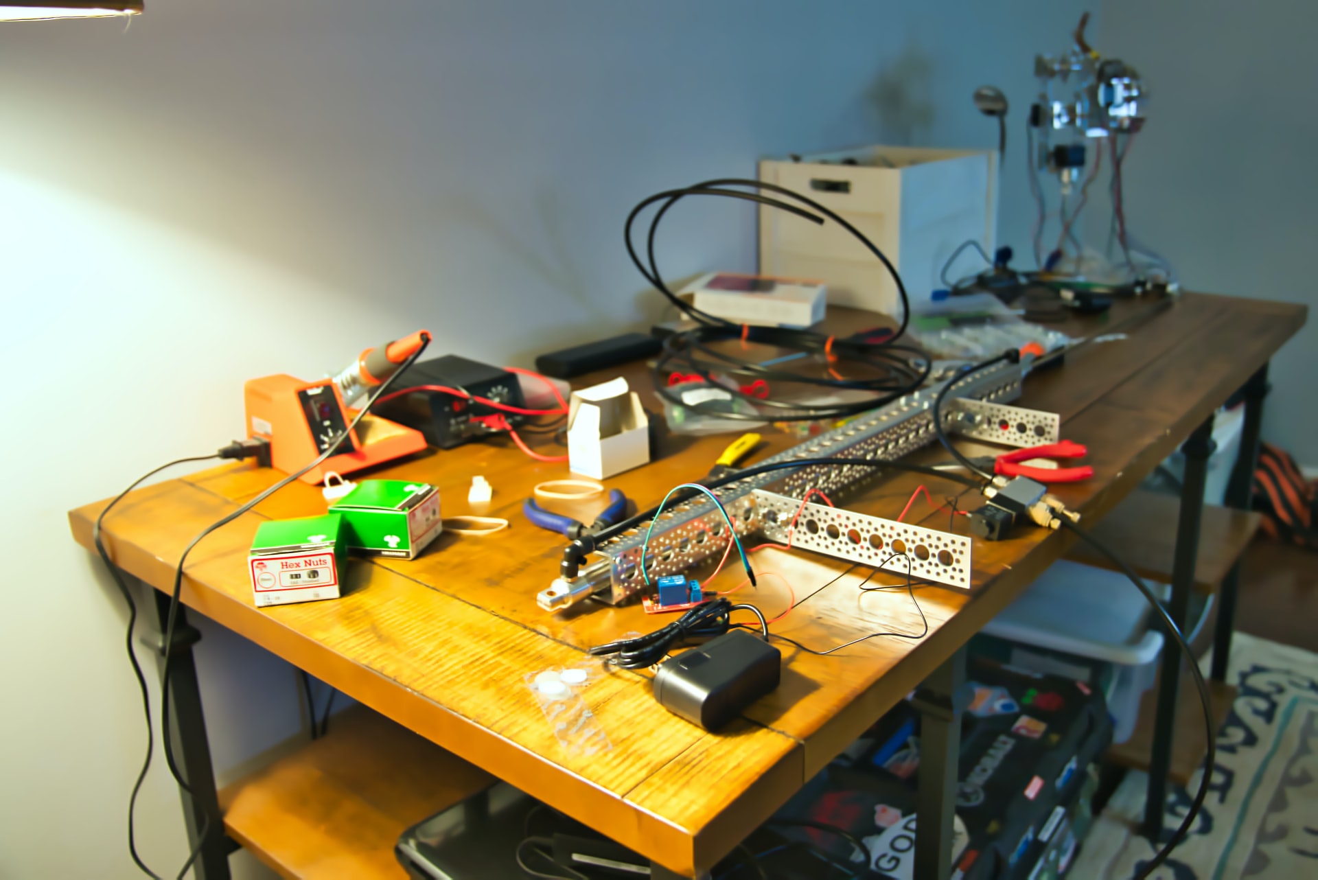 Table with electronics which are being used for making a prototype of an IoT solution