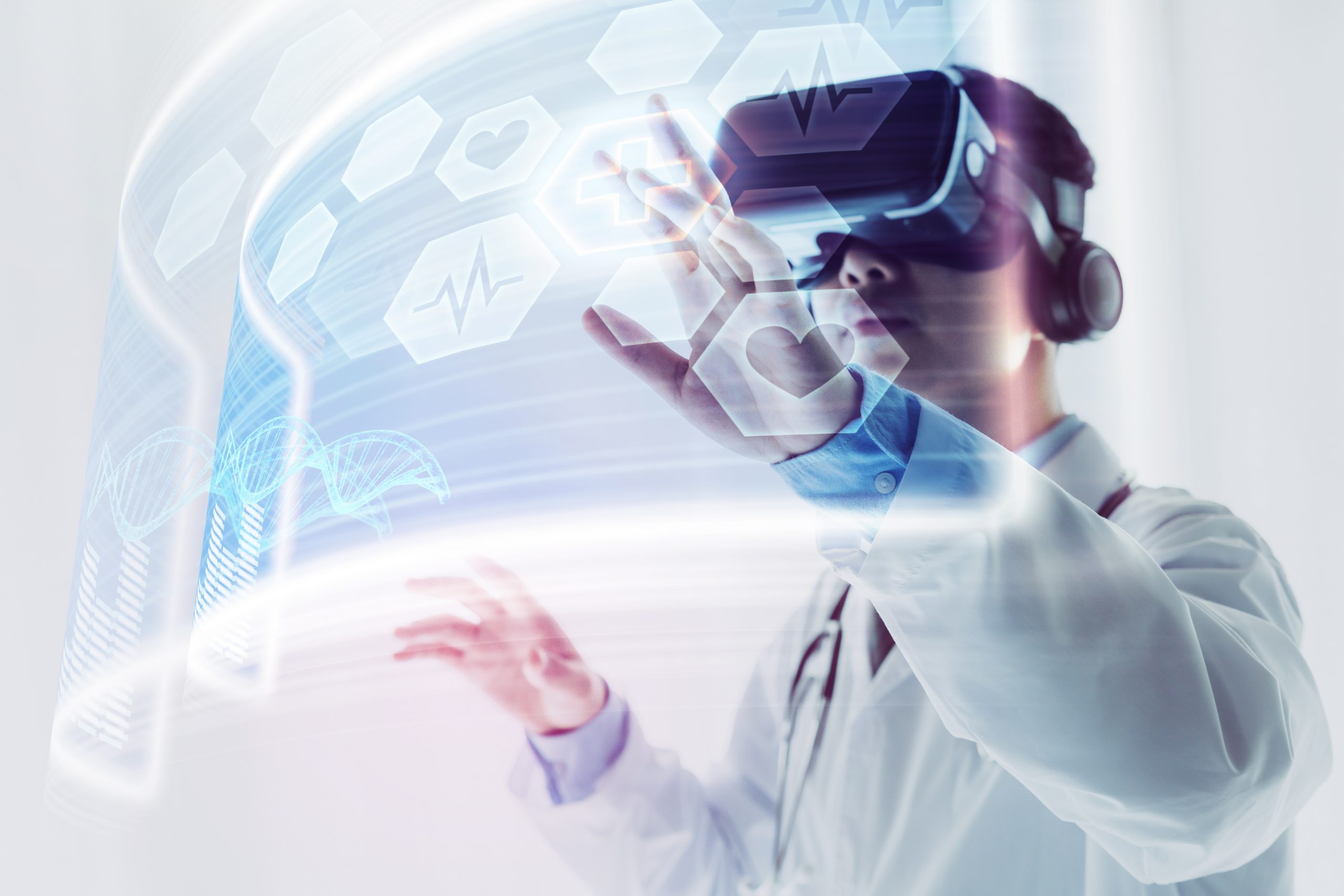 Virtual reality in healthcare; a doctor is using VR headset to do some research