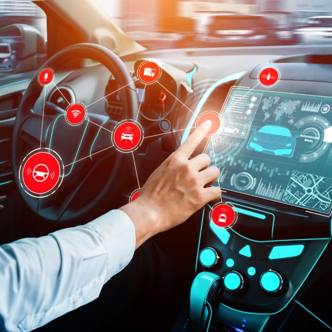 Autonomous car and its interior with a futuristic dashboard