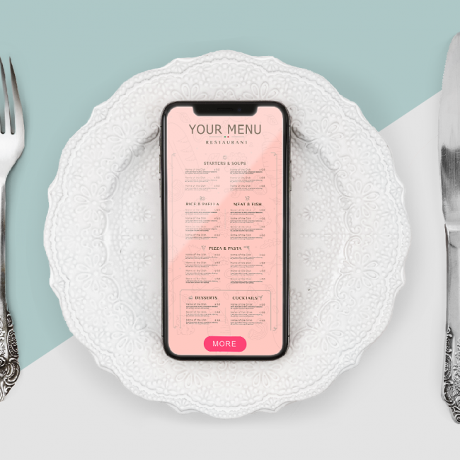 Diet & nutrition apps: How to create apps serving nutritional guidelines? Smartphone is laying on a white plate flanked by silver cutlery