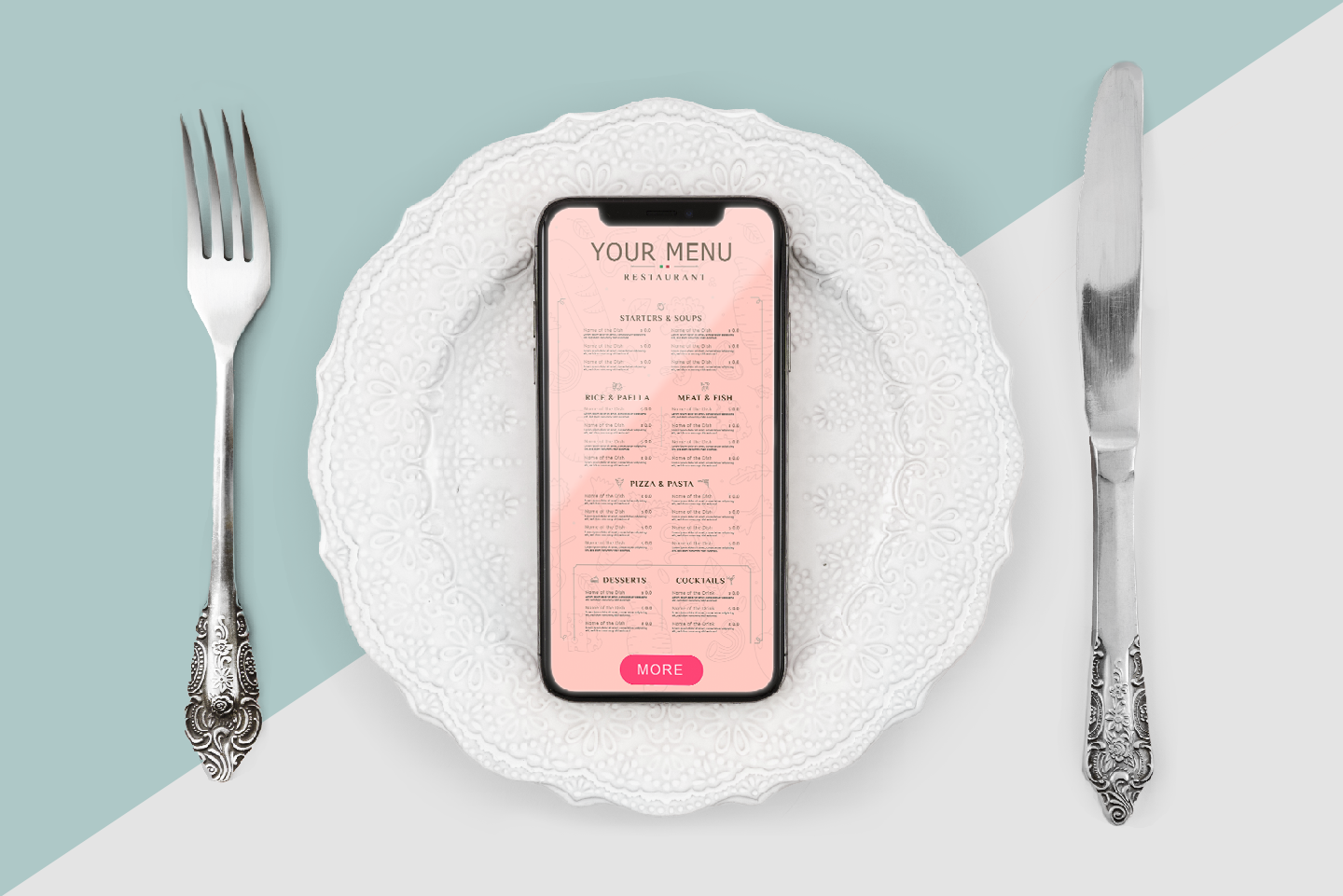 Diet & nutrition apps: How to create apps serving nutritional guidelines? Smartphone is laying on a white plate flanked by silver cutlery