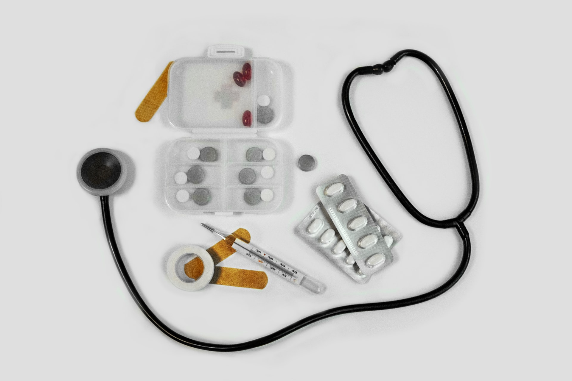 thermomenter, patches, tablets and stethoscope