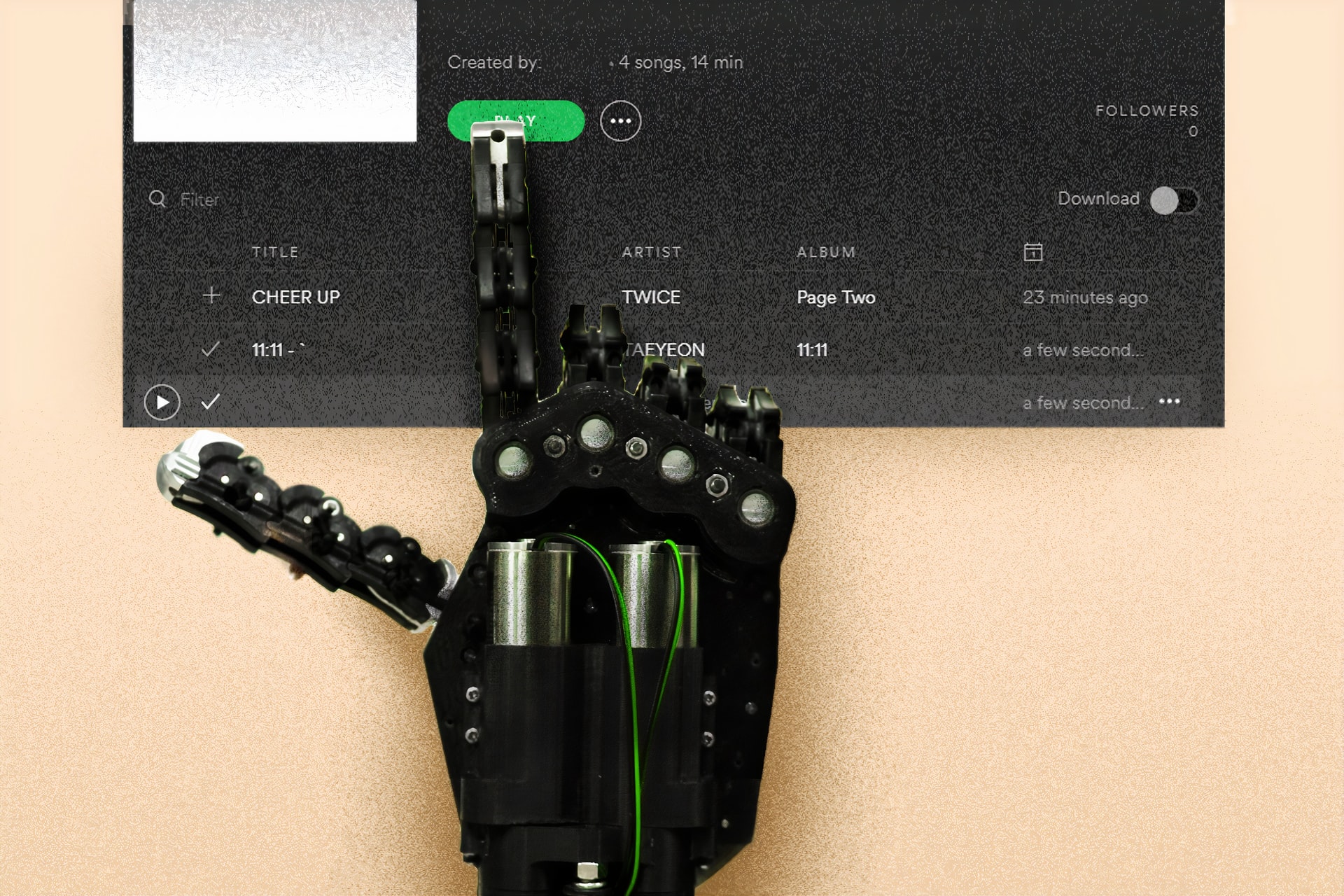 Spotify SPA - pressing a green button with the robot's hand