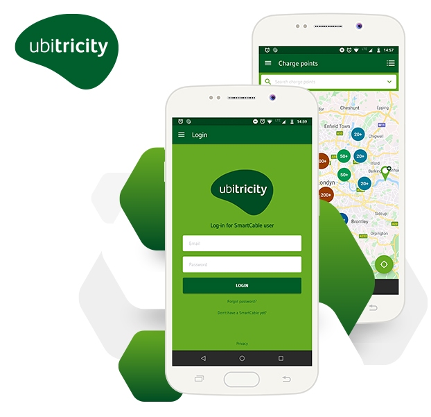 zwei Smartphones mit der Ubitricity-App.